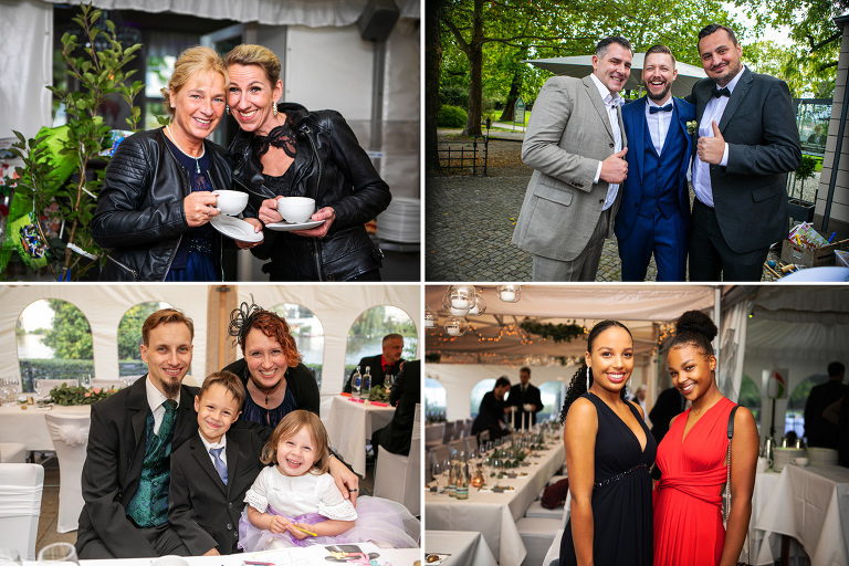 Die Gäste posieren für die Portraitsfotos auf der Hochzeit im Schlosscafe Köpenick